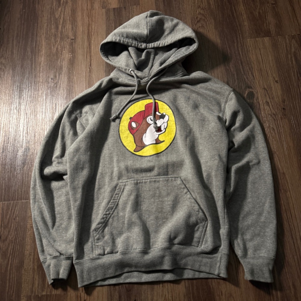 Bucees Beaver‎ Graphic Hoodie Gray Size Large Pullover Long Sleeve Cotton Blend